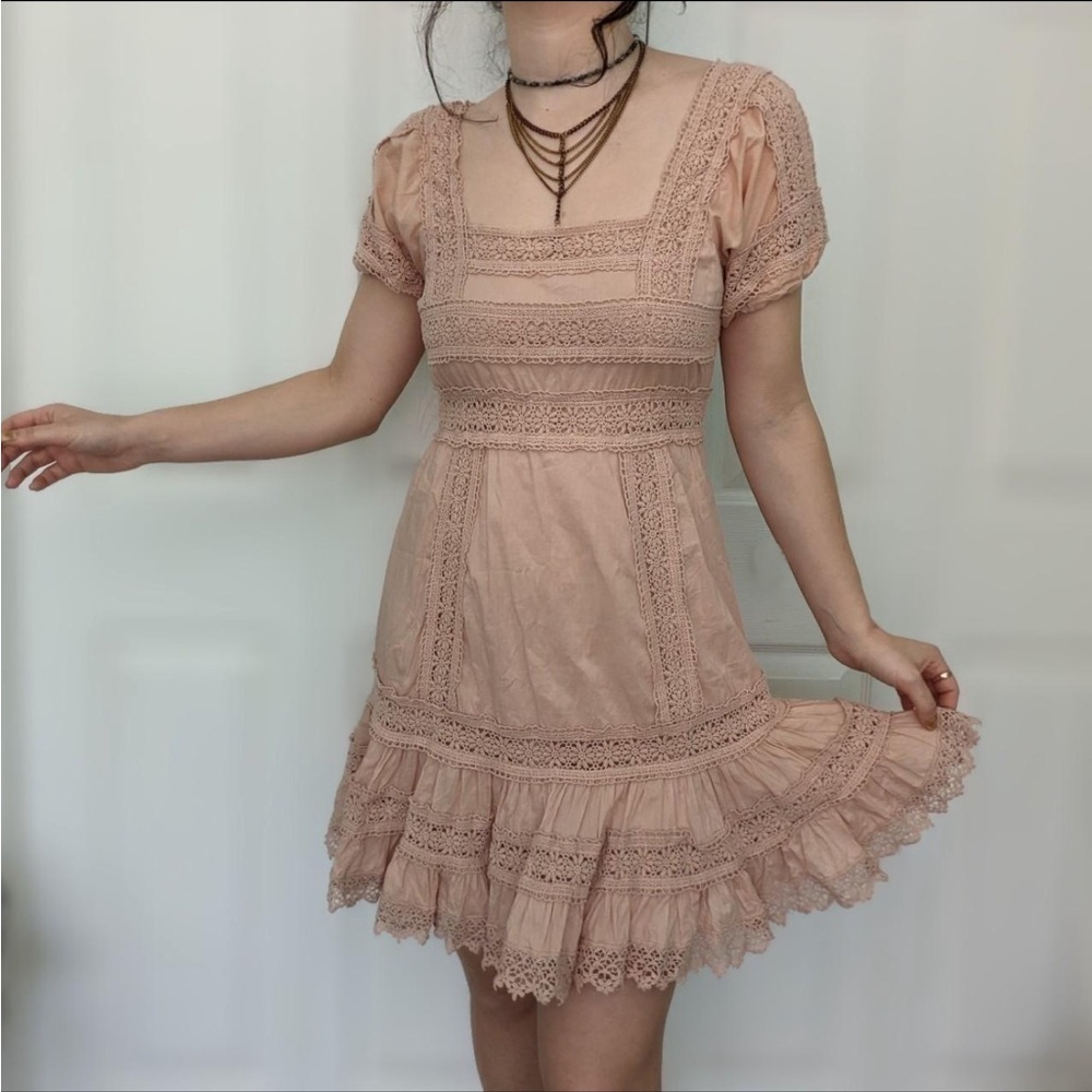 VS Dusty Rose pink Eyelet Puffy Sleeve Babydoll boho crochet lace Dress Sz 14 - Picture 2 of 6